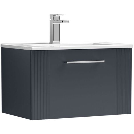 Nuie Deco Satin Soft Black 600mm Wall Hung Single Drawer Vanity Unit and Minimalist Ceramic Basin - DPF1494B