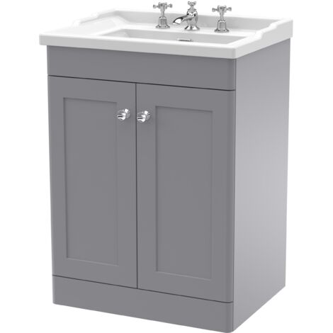 Nuie Classique Floor Standing 2-Door Vanity Unit with Traditional Basin 600mm Wide Satin Grey - 3 Tap Hole (1/5)