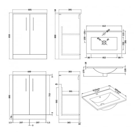 Nuie Arno Floor Standing 2-Door Vanity Unit with Basin-2 600mm Wide ...