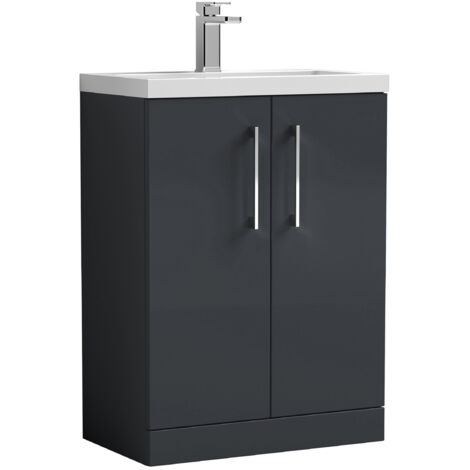 Nuie Arno Compact Floor Standing 2-Door Vanity Unit with Polymarble Basin 600mm Wide - Satin Anthracite