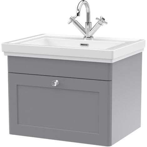Nuie Classique Wall Hung 1-Drawer Vanity Unit with Basin 600mm Wide Satin Grey - 1 Tap Hole (1/5)