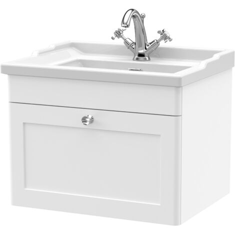 Nuie Classique Wall Hung 1-Drawer Vanity Unit with Traditional Basin 600mm Wide Satin White - 1 Tap Hole
