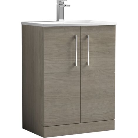 Nuie Arno Floor Standing 2-Door Vanity Unit with Basin-4 600mm Wide - Solace Oak Woodgrain (1/5)