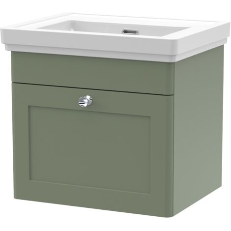 Nuie Classique Wall Hung 1-Drawer Vanity Unit with Basin 500mm Wide Satin Green - 0 Tap Hole