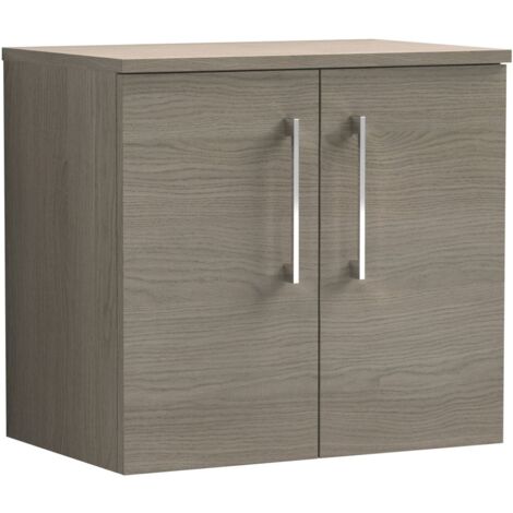Nuie Arno Wall Hung 2-Door Vanity Unit with Worktop 600mm Wide - Solace Oak Woodgrain (1/5)