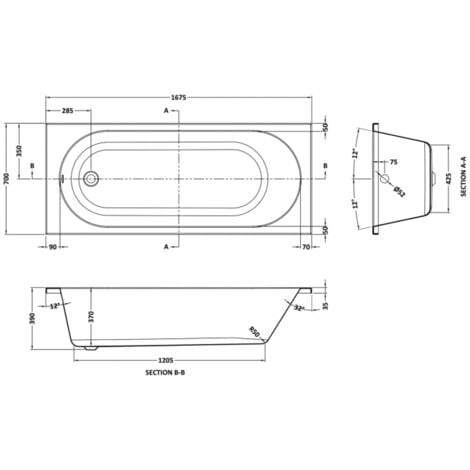 Nuie Imperial 5ft6 Round Single Ended Rectangular Acrylic Bath 1675mm x 700mm (inc Leg Set)