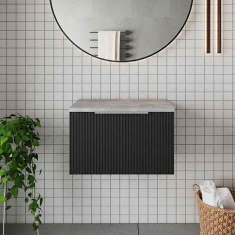 Hudson Reed Fluted Wall Hung 1-Drawer Vanity Unit with Ballato Grey Worktop 600mm Wide - Satin Anthracite (1/5)