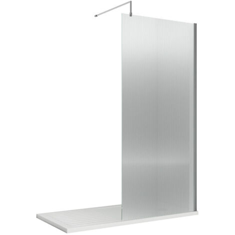 Hudson Reed Fluted Polished Chrome Profile Wet Room Screen with Support Bar 900mm Wide - 8mm Glass (1/4)