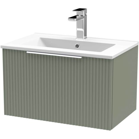 Hudson Reed Fluted Wall Hung 1-Drawer Vanity Unit with Basin 2 600mm Wide - Satin Green