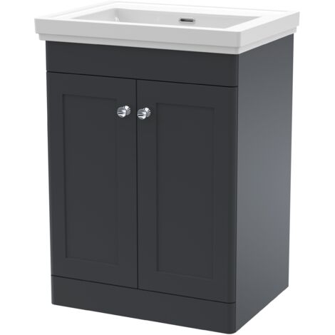 Nuie Classique Floor Standing 2-Door Vanity Unit with Classic Basin 600mm Wide Satin Anthracite - 0 Tap Hole (1/5)