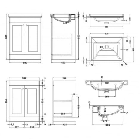 Nuie Classique Floor Standing 2-Door Vanity Unit with Classic Basin ...