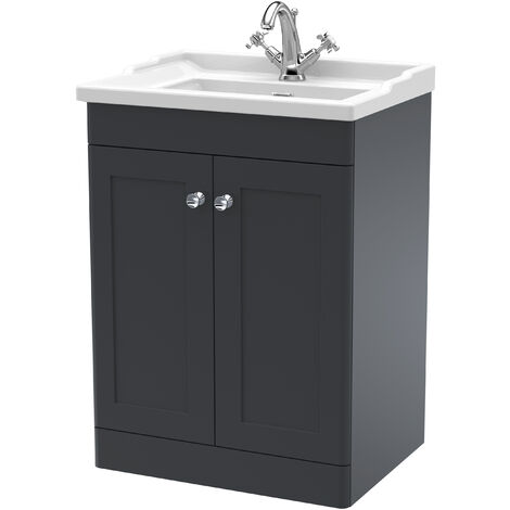 Nuie Classique Floor Standing 2-Door Vanity Unit with Traditional Basin 600mm Wide Satin Anthracite - 1 Tap Hole