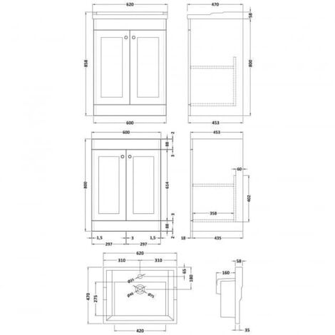 Nuie Classique Floor Standing 2-Door Vanity Unit with Traditional Basin 600mm Wide Satin Anthracite - 1 Tap Hole