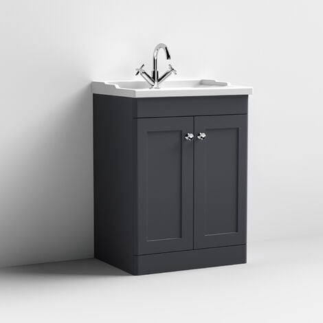 Nuie Classique Floor Standing 2-Door Vanity Unit with Traditional Basin 600mm Wide Satin Anthracite - 1 Tap Hole