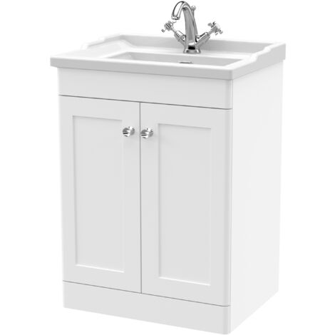 Nuie Classique Floor Standing 2-Door Vanity Unit with Traditional Basin 600mm Wide Satin White - 1 Tap Hole