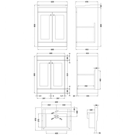 Nuie Classique Floor Standing 2-Door Vanity Unit with Traditional Basin 600mm Wide Satin White - 1 Tap Hole