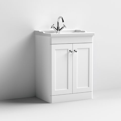 Nuie Classique Floor Standing 2-Door Vanity Unit with Traditional Basin 600mm Wide Satin White - 1 Tap Hole