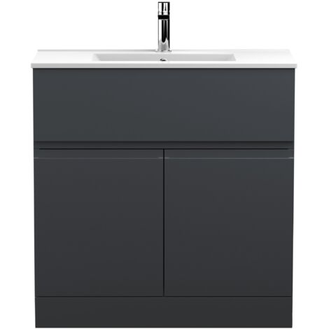 Hudson Reed Urban Satin Soft Black 800mm Floor Standing Single Drawer 2 Door Vanity Unit and Minimalist Ceramic Basin - URB1405B