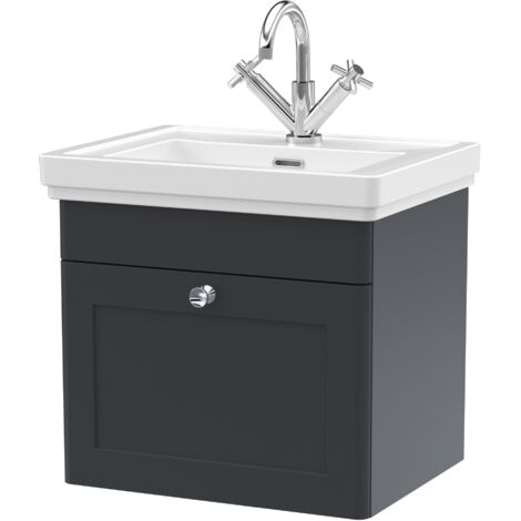 Nuie Classique Wall Hung 1-Drawer Vanity Unit with Basin 500mm Wide Satin Anthracite - 1 Tap Hole (1/5)