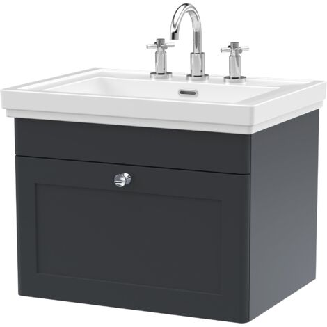 Nuie Classique Wall Hung 1-Drawer Vanity Unit with Basin 600mm Wide Satin Anthracite - 3 Tap Hole (1/5)