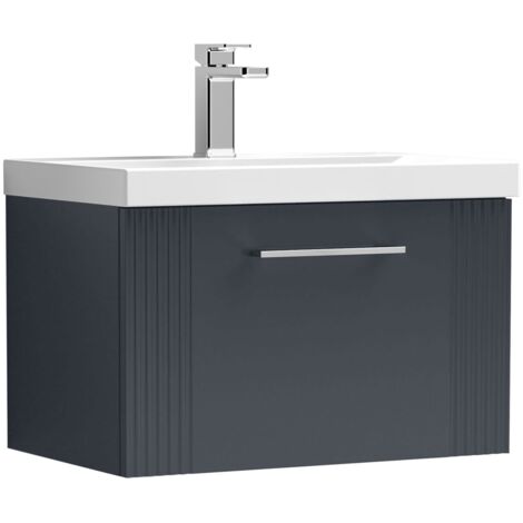 Nuie Deco Satin Soft Black 600mm Wall Hung Single Drawer Vanity Unit and Thin Edge Ceramic Basin - DPF1494D
