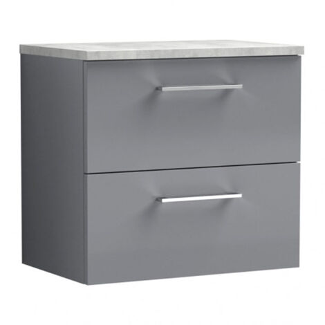 Nuie Arno Wall Hung 2-Drawer Vanity Unit with Bellato Grey Worktop 600mm Wide - Satin Grey (1/4)