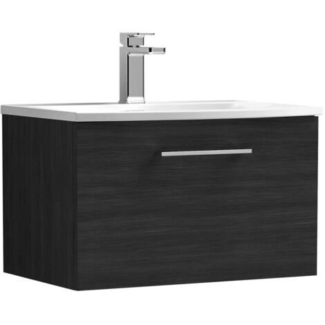 Nuie Arno Wall Hung 1-Drawer Vanity Unit with Basin-4 600mm Wide - Black Woodgrain (1/5)