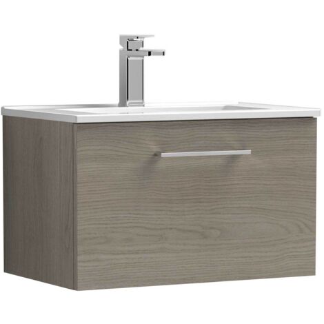 Nuie Arno Solace oak woodgrain wall hung single drawer vanity unit 600mm with minimalist ceramic basin – ARN2522B (1/5)