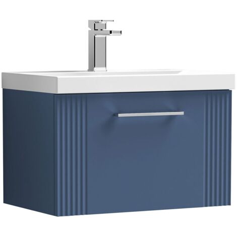 Nuie Deco Satin Blue 600mm Wall Hung Single Drawer Vanity Unit and Thin Edge Ceramic Basin - DPF394D