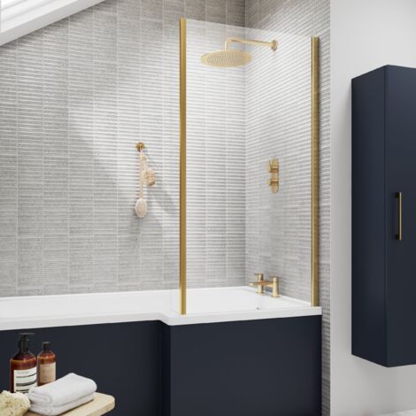 Nuie Pacific Brushed Brass 815mm L Shaped Shower Bath Screen with Fixed Return - NSBS28