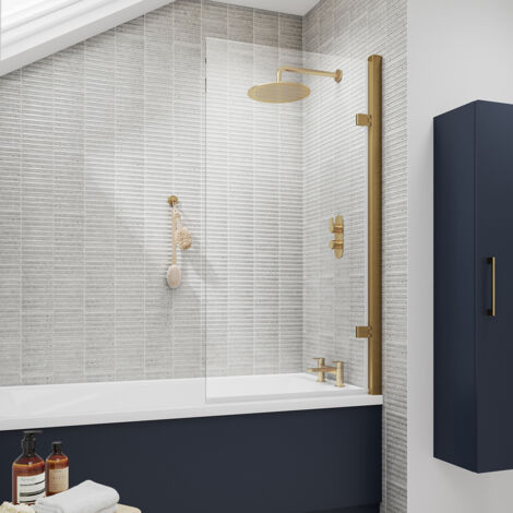 Nuie Pacific Brushed Brass Square Hinged Bath Screen 1520mm H x 830mm W - 8mm Glass (1/5)