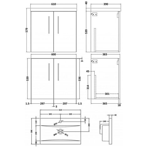 Nuie Arno Wall Hung 2-Door Vanity Unit with Basin-1 600mm Wide - Anthracite Woodgrain