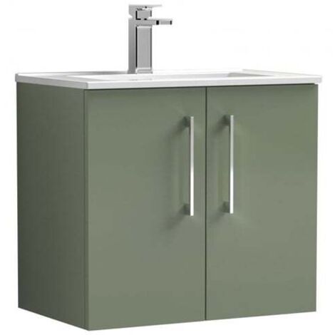 Nuie Arno Satin Green 600mm Wall Hung 2 Door Vanity Unit and Minimalist Ceramic Basin - ARN823B