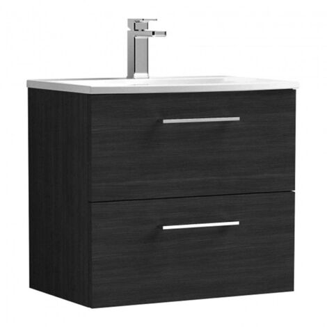 Nuie Arno Wall Hung 2-Drawer Vanity Unit with Basin-4 600mm Wide - Black Woodgrain (1/5)