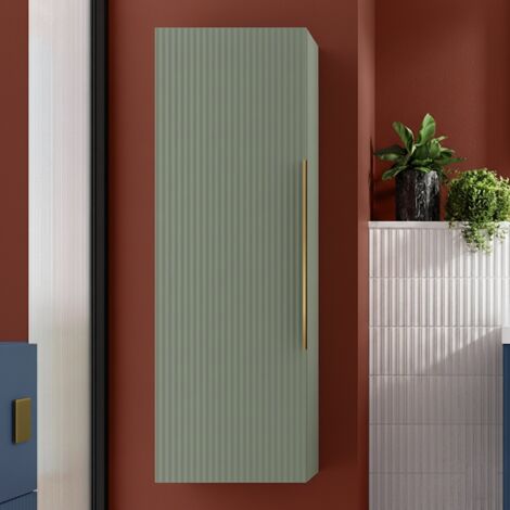 Hudson Reed Fluted Wall Hung Tall Storage Unit 400mm Wide - Satin Green (1/4)