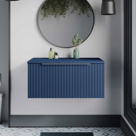 Hudson Reed Fluted Wall Hung 1-Drawer Vanity Unit with Worktop 800mm Wide - Satin Blue (1/5)