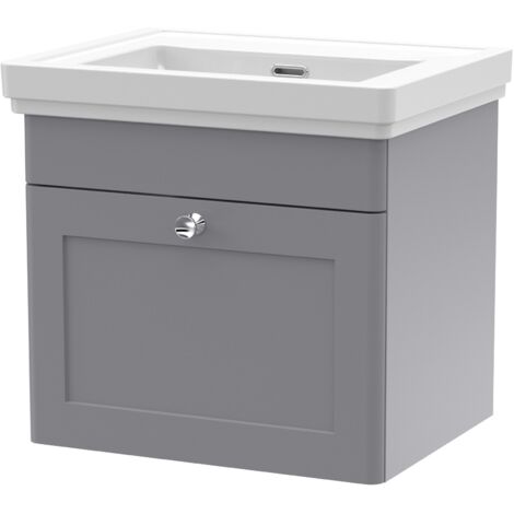 Nuie Classique Wall Hung 1-Drawer Vanity Unit with Basin 500mm Wide Satin Grey - 0 Tap Hole (1/4)