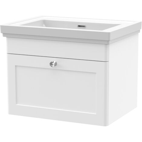 Nuie Classique Wall Hung 1-Drawer Vanity Unit with Classic Basin 600mm Wide Satin White - 0 Tap Hole (1/6)