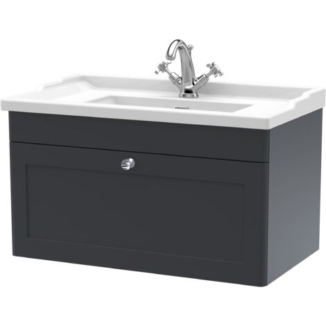 Nuie Classique Wall Hung 1-Drawer Vanity Unit with Traditional Basin 800mm Wide Satin Anthracite - 1 Tap Hole