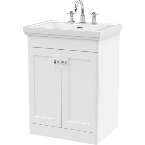 Nuie Classique Floor Standing 2-Door Vanity Unit with Basin 600mm Wide Satin White - 3 Tap Hole (1/5)