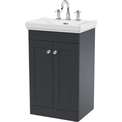 Nuie Classique Floor Standing 2-Door Vanity Unit with Basin 500mm Wide Satin Anthracite - 3 Tap Hole (1/4)