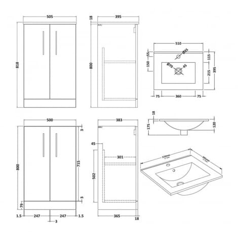 Nuie Arno Floor Standing 2-Door Vanity Unit with Basin-2 500mm Wide ...