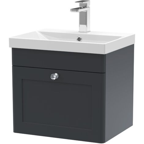Nuie Classique Satin Soft Black 500mm Wall Hung Single Drawer Vanity Unit and 50mm Profile Basin - CLC1491E (1/5)