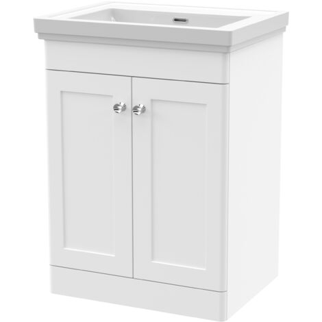 Nuie Classique Floor Standing 2-Door Vanity Unit with Classic Basin 600mm Wide Satin White - 0 Tap Hole
