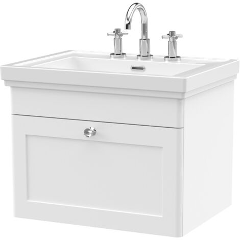 Nuie Classique Wall Hung 1-Drawer Vanity Unit with Basin 600mm Wide Satin White - 3 Tap Hole (1/5)