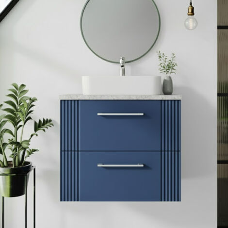 Nuie Deco Wall Hung 2-Drawer Vanity Unit with Bellato Grey Worktop 600mm Wide - Satin Blue (1/5)