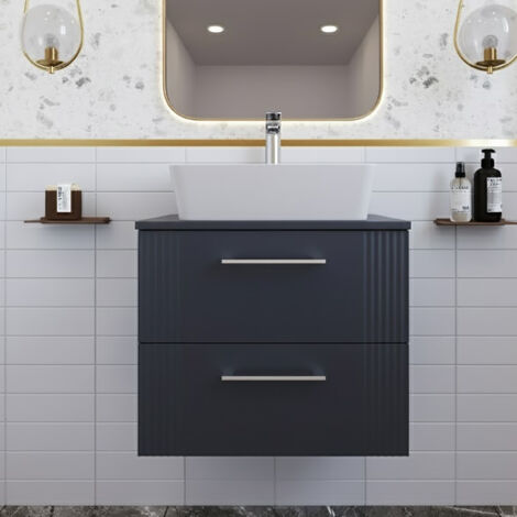 Nuie Deco Satin Soft Black 600mm Wall Hung 2 Drawer Vanity Unit with Worktop - DPF1493W