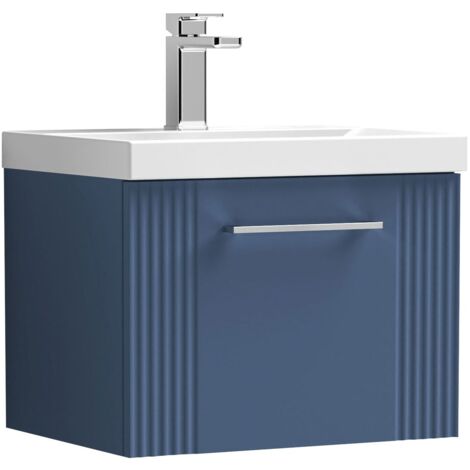 Nuie Deco Satin Blue 500mm Wall Hung Single Drawer Vanity Unit and Mid Edge Ceramic Basin - DPF391A (1/5)