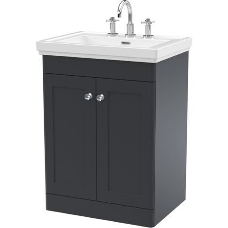 Nuie Classique Floor Standing 2-Door Vanity Unit with Basin 600mm Wide Satin Anthracite - 3 Tap Hole (1/5)