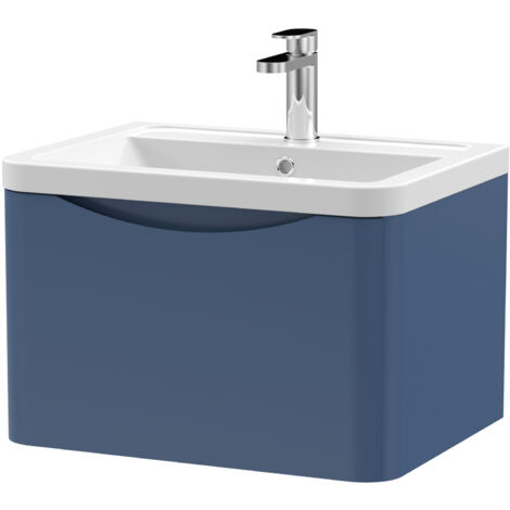 Nuie Lunar Satin Blue 600mm Wall Hung Single Drawer Vanity Unit and Ceramic Basin - LUN305A (1/7)